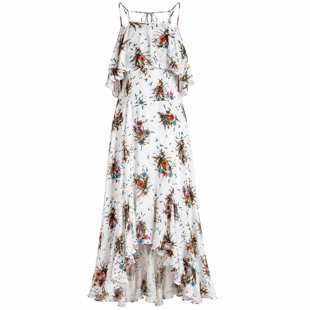 Anna Grace Floral Maxi S Rayon Boho Cottagecore High Low Ruffle Open Back Dress